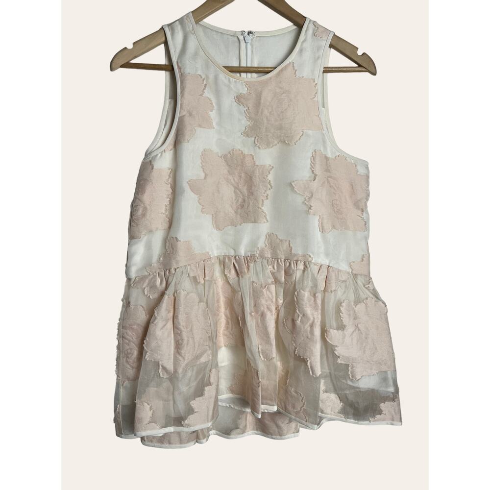 Tibi Pink White Silk Cotton Sleeveless Floral Mesh Preppy Peplum Top Size 2